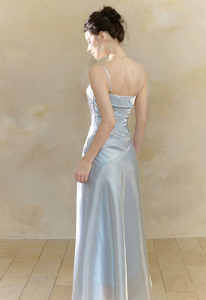Elegant Light Blue Shimmer Satin Spaghetti Strap Ruched A-Line Prom Dress TP6096