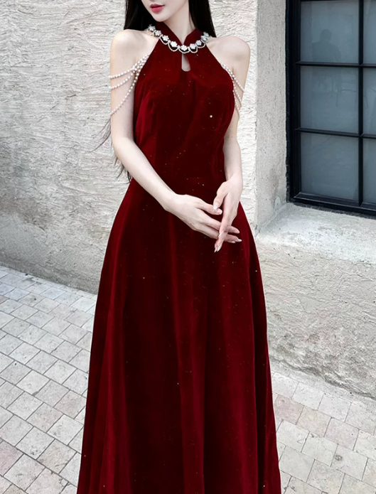 Elegant Burgundy Sparkle Velvet Halter-Neck Pearl Tassel Cold Shoulder A-Line Prom Dress TP6097