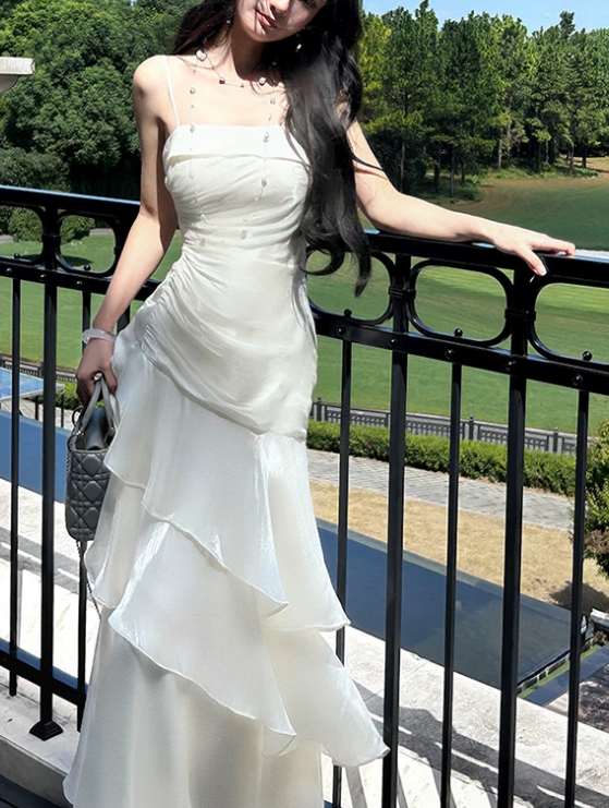 Elegant White Satin Ruched Tiered Spaghetti Strap Mermaid Prom Dress TP6098