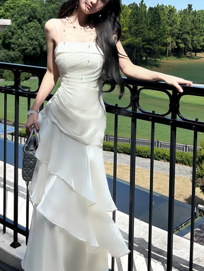 Elegant White Satin Ruched Tiered Spaghetti Strap Mermaid Prom Dress TP6098