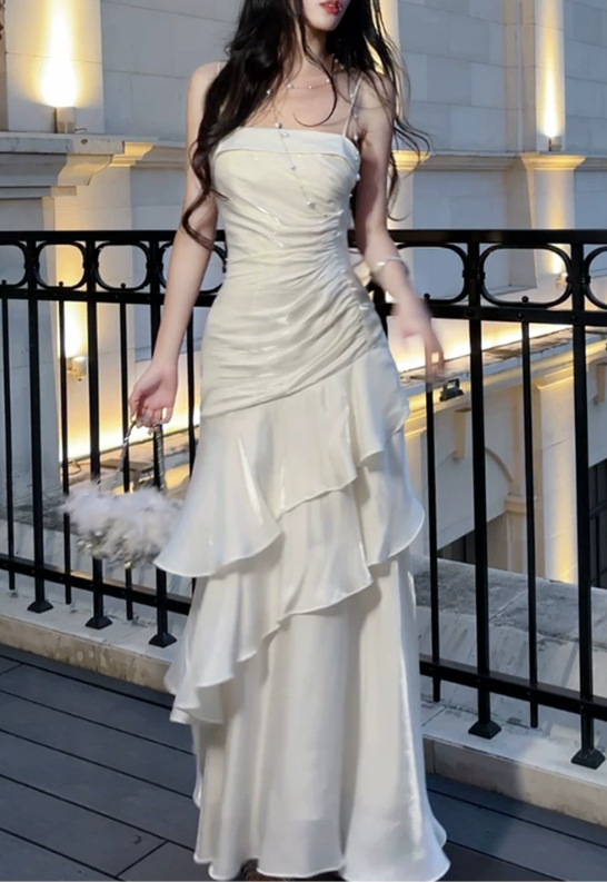 Elegant White Satin Ruched Tiered Spaghetti Strap Mermaid Prom Dress TP6098