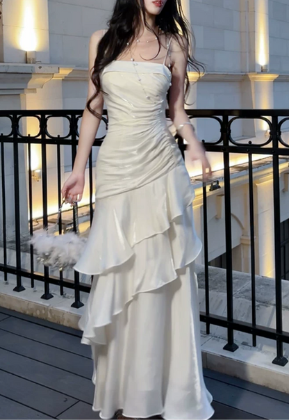 Elegant White Satin Ruched Tiered Spaghetti Strap Mermaid Prom Dress TP6098