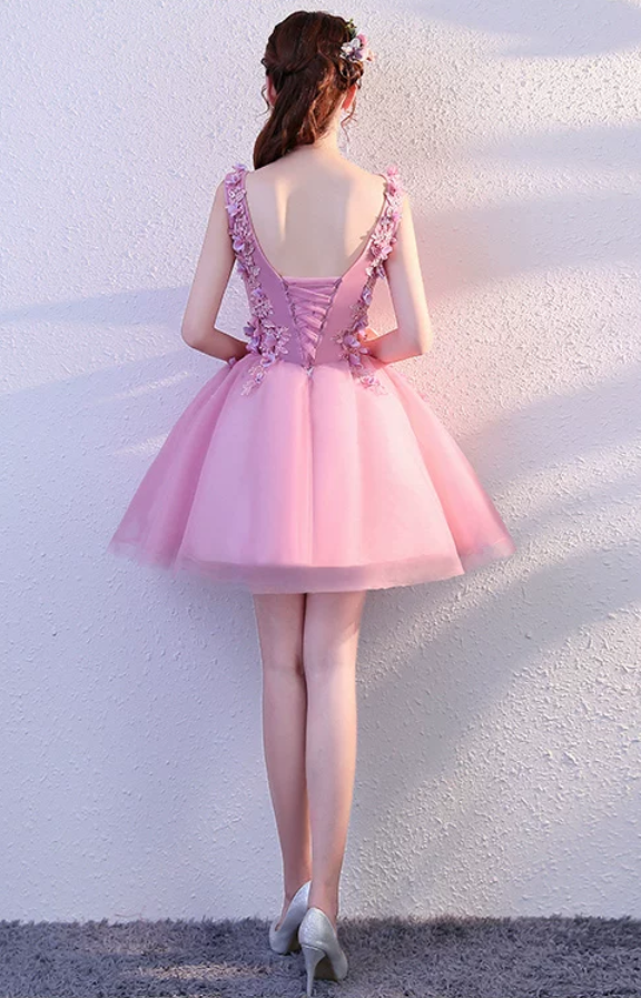 Elegant Pink V‑Neck Sleeveless 3D Floral Appliques Tulle A-Line Homecoming Dress TP6102