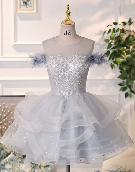Elegant Grey Blue Off‑the-Shoulder Beaded Lace Ruffled Tiered Tulle A-Line Homecoming Dress TP6104