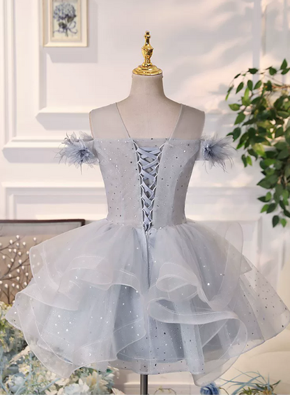 Elegant Grey Blue Off‑the-Shoulder Beaded Lace Ruffled Tiered Tulle A-Line Homecoming Dress TP6104