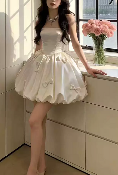 Vintage Ivory Strapless Satin 3D Bows Bubble Hem A-Line Homecoming Dress TP6105