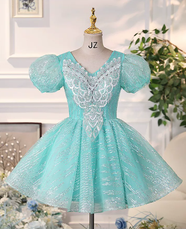 Vintage Turquoise Puff Sleeve Lace Appliques V‑Neck A‑Line Tulle Homecoming Dress TP6106
