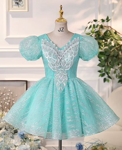 Vintage Turquoise Puff Sleeve Lace Appliques V‑Neck A‑Line Tulle Homecoming Dress TP6106