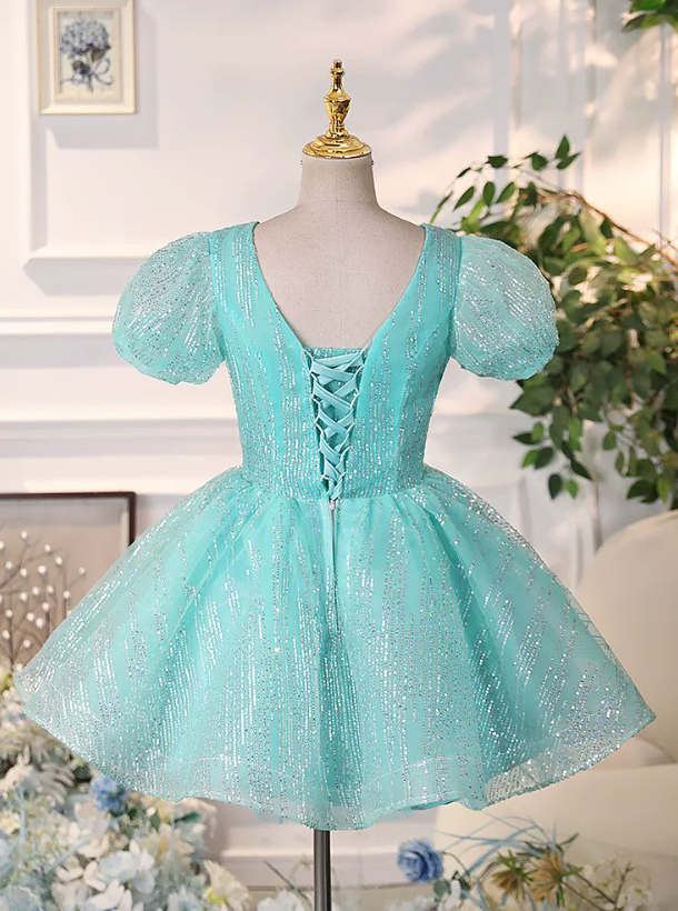 Vintage Turquoise Puff Sleeve Lace Appliques V‑Neck A‑Line Tulle Homecoming Dress TP6106