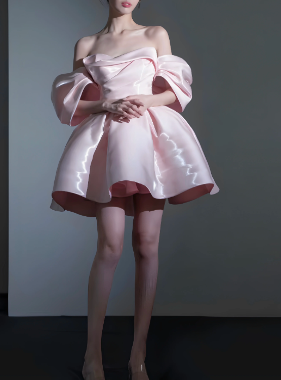 Vintage Pink Off‑the‑Shoulder Satin A‑Line Homecoming Dress TP6107