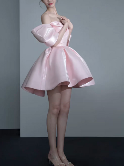 Vintage Pink Off‑the‑Shoulder Satin A‑Line Homecoming Dress TP6107
