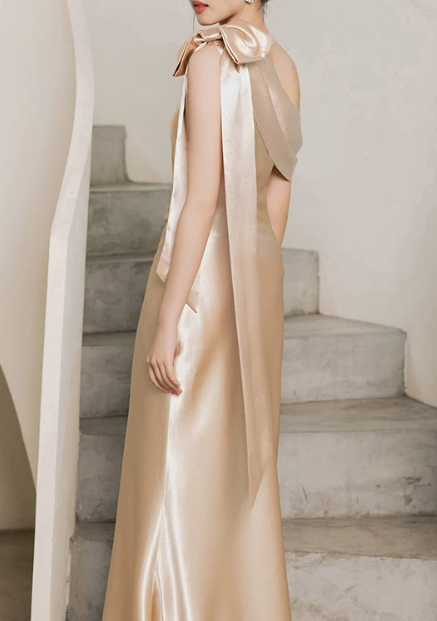 Elegant Champagne Satin Mermaid One‑Shoulder Bow Detail Long Prom Dress TP6112