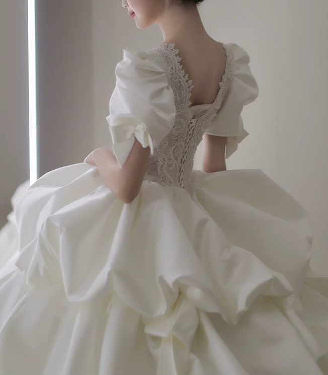Vintage Ivory Puff Sleeve Satin Square Neck Beaded Lace Tiered Ruffle A-Line Wedding Dress TP6114