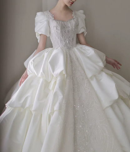 Vintage Ivory Puff Sleeve Satin Square Neck Beaded Lace Tiered Ruffle A-Line Wedding Dress TP6114