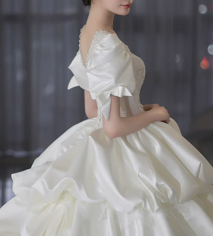 Vintage Ivory Puff Sleeve Satin Square Neck Beaded Lace Tiered Ruffle A-Line Wedding Dress TP6114