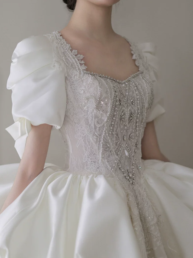 Vintage Ivory Puff Sleeve Satin Square Neck Beaded Lace Tiered Ruffle A-Line Wedding Dress TP6114