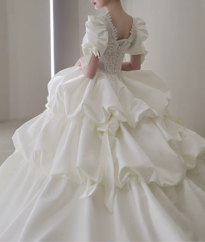 Vintage Ivory Puff Sleeve Satin Square Neck Beaded Lace Tiered Ruffle A-Line Wedding Dress TP6114