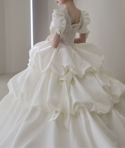 Vintage Ivory Puff Sleeve Satin Square Neck Beaded Lace Tiered Ruffle A-Line Wedding Dress TP6114