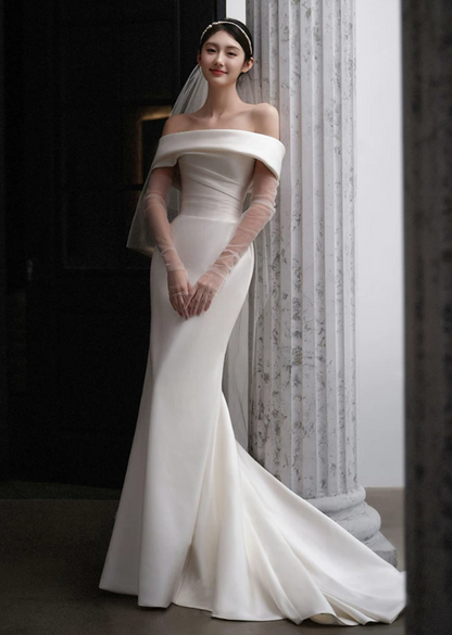 Vintage Ivory Off‑the‑Shoulder Satin Mermaid Chapel Train Wedding Dress TP6115