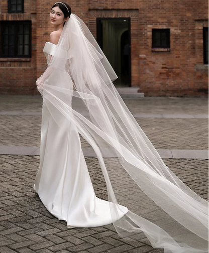 Vintage Ivory Off‑the‑Shoulder Satin Mermaid Chapel Train Wedding Dress TP6115