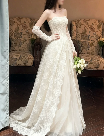 Romantic Ivory Strapless Lace A‑Line Detachable Long Lace Gloves Tulle Chapel Train Wedding Dress TP6116