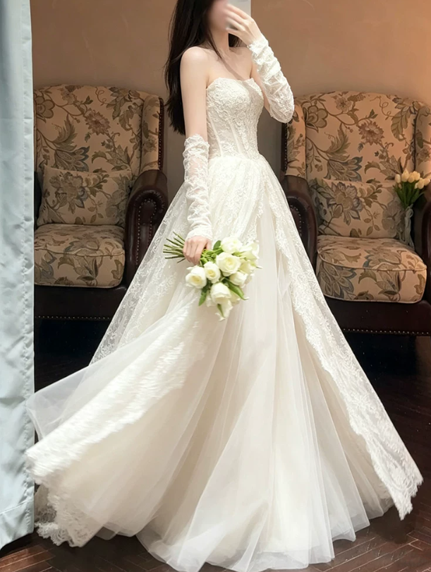 Romantic Ivory Strapless Lace A‑Line Detachable Long Lace Gloves Tulle Chapel Train Wedding Dress TP6116