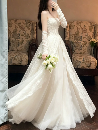 Romantic Ivory Strapless Lace A‑Line Detachable Long Lace Gloves Tulle Chapel Train Wedding Dress TP6116