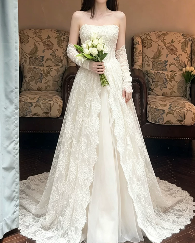 Romantic Ivory Strapless Lace A‑Line Detachable Long Lace Gloves Tulle Chapel Train Wedding Dress TP6116