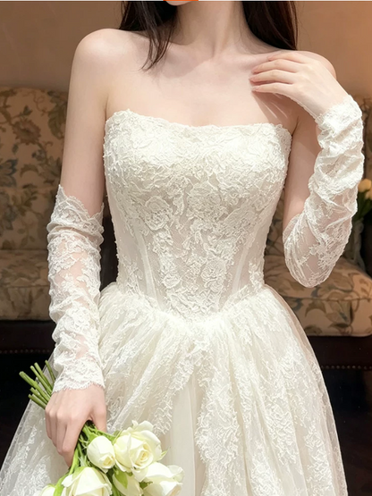 Romantic Ivory Strapless Lace A‑Line Detachable Long Lace Gloves Tulle Chapel Train Wedding Dress TP6116