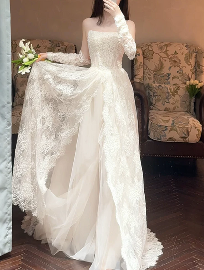 Romantic Ivory Strapless Lace A‑Line Detachable Long Lace Gloves Tulle Chapel Train Wedding Dress TP6116