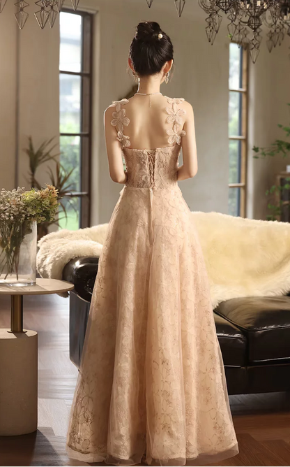 Vintage Champagne 3D Floral Applique Tulle A‑Line Spaghetti Strap Sweet 15 Quinceanera Ball Gown TP6117