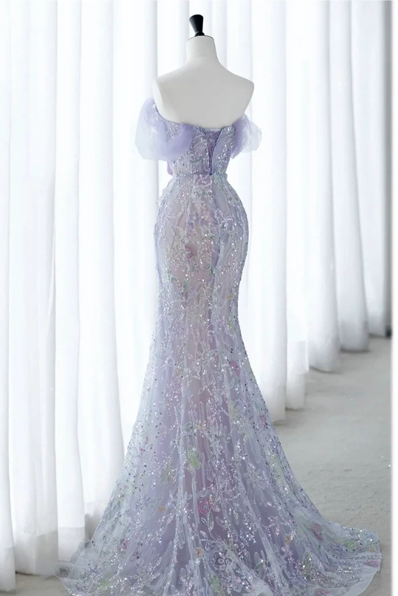Elegant Purple Off‑the‑Shoulder Mermaid 3D Floral Appliques Sequins Lace Long Prom Dress TP6118