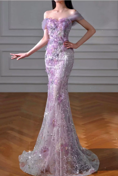 Elegant Purple Off‑the‑Shoulder Mermaid 3D Floral Appliques Sequins Lace Long Prom Dress TP6118