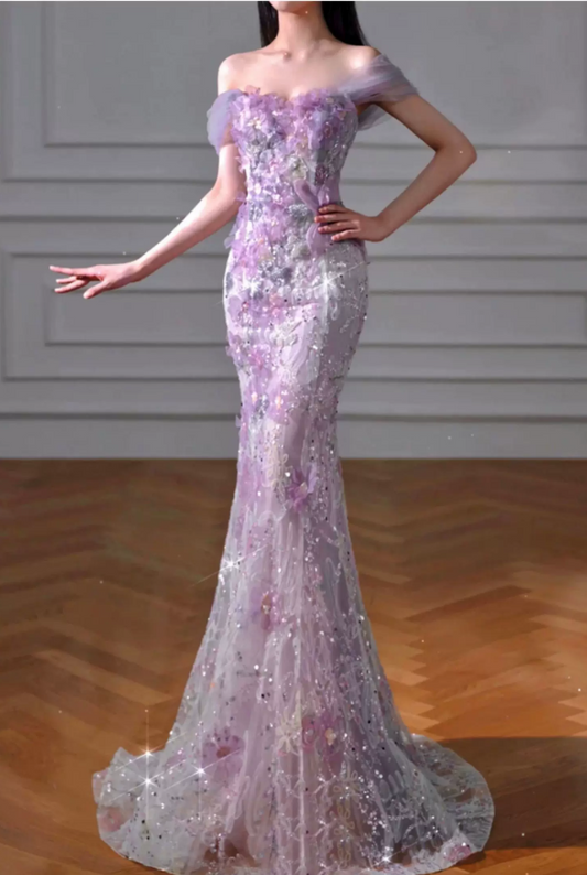 Elegant Purple Off‑the‑Shoulder Mermaid 3D Floral Appliques Sequins Lace Long Prom Dress TP6118