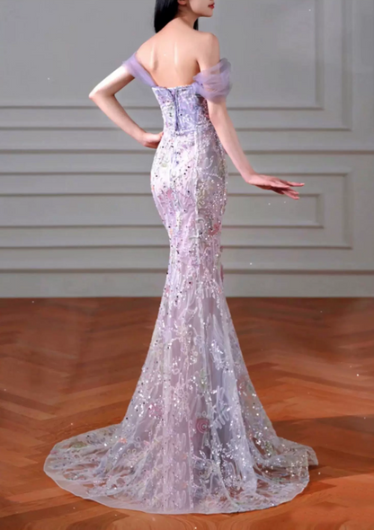 Elegant Purple Off‑the‑Shoulder Mermaid 3D Floral Appliques Sequins Lace Long Prom Dress TP6118