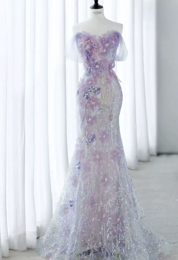 Elegant Purple Off‑the‑Shoulder Mermaid 3D Floral Appliques Sequins Lace Long Prom Dress TP6118
