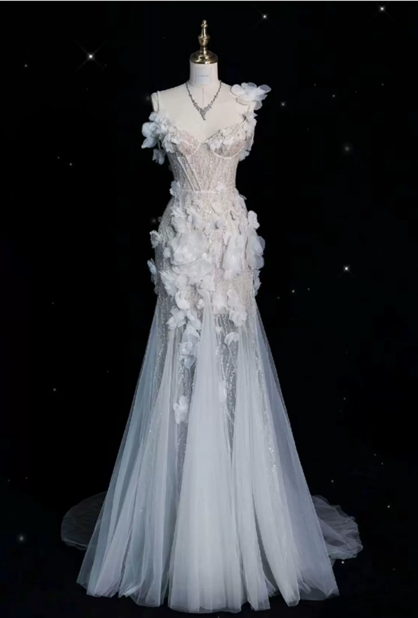 Romantic Mermaid 3D Floral Appliques Beaded Tulle Sweetheart Long Prom Dress TP6119