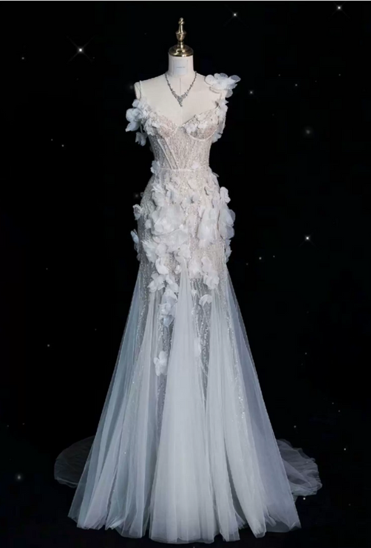 Romantic Mermaid 3D Floral Appliques Beaded Tulle Sweetheart Long Prom Dress TP6119