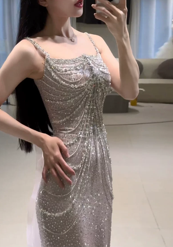 Romantic Silver Sequin Mermaid Spaghetti Straps Square Neck Draped Ruched Evening Gown TP6120