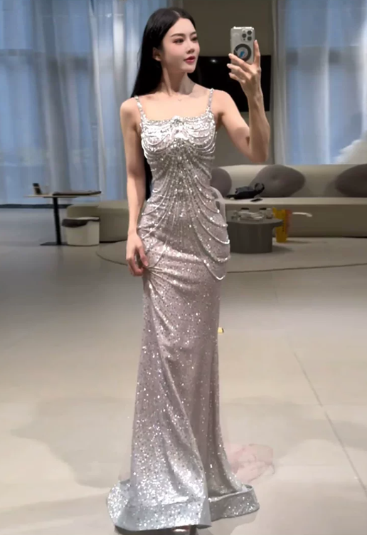 Romantic Silver Sequin Mermaid Spaghetti Straps Square Neck Draped Ruched Evening Gown TP6120