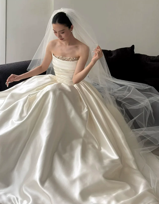 Romantic Ivory Strapless Satin Pearl Trim Neckline Ruched Bodice A‑Line Wedding Dress TP6122