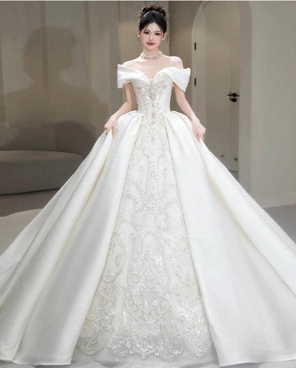 Romantic Off‑the‑Shoulder Satin Beaded Lace Embroidery Chapel Train A-Line Wedding Dress TP6123