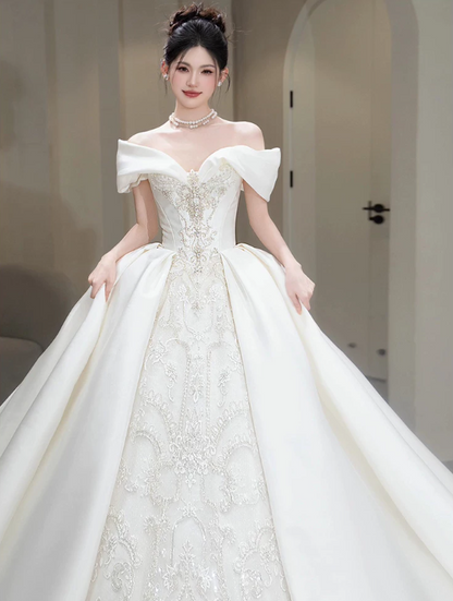 Romantic Off‑the‑Shoulder Satin Beaded Lace Embroidery Chapel Train A-Line Wedding Dress TP6123