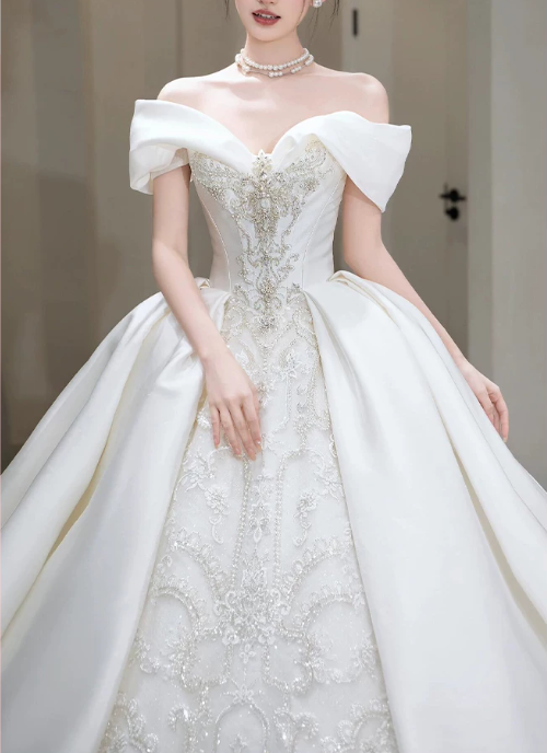 Romantic Off‑the‑Shoulder Satin Beaded Lace Embroidery Chapel Train A-Line Wedding Dress TP6123