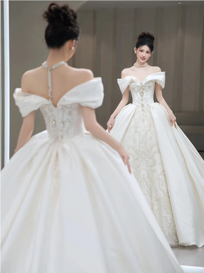 Romantic Off‑the‑Shoulder Satin Beaded Lace Embroidery Chapel Train A-Line Wedding Dress TP6123