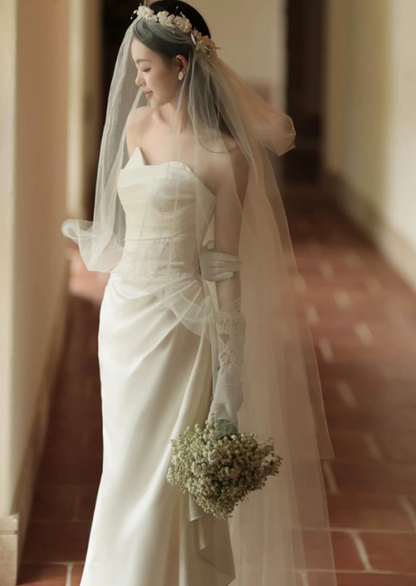 Elegant Ivory Sweetheart Strapless Satin Sheath Chapel Train Wedding Dress TP6124