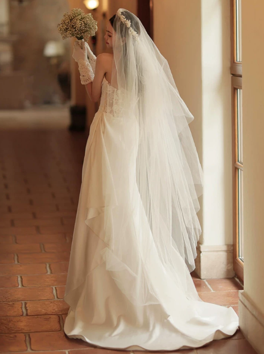 Elegant Ivory Sweetheart Strapless Satin Sheath Chapel Train Wedding Dress TP6124