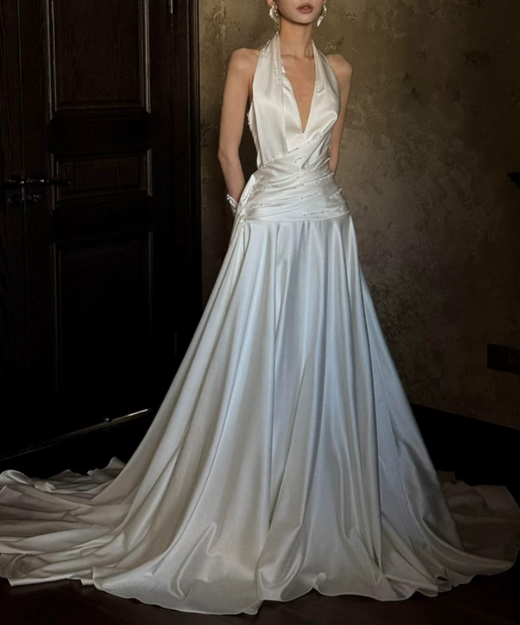 Elegant Halter V‑Neck Satin Draped Beaded A‑Line Chapel Train Sleeveless Wedding Dress TP6125