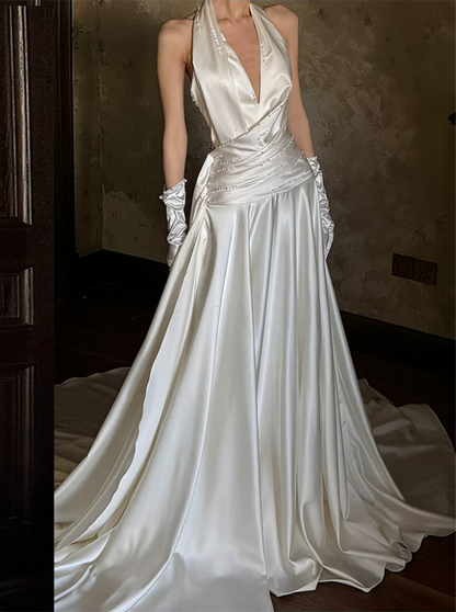 Elegant Halter V‑Neck Satin Draped Beaded A‑Line Chapel Train Sleeveless Wedding Dress TP6125