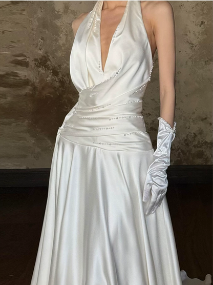 Elegant Halter V‑Neck Satin Draped Beaded A‑Line Chapel Train Sleeveless Wedding Dress TP6125